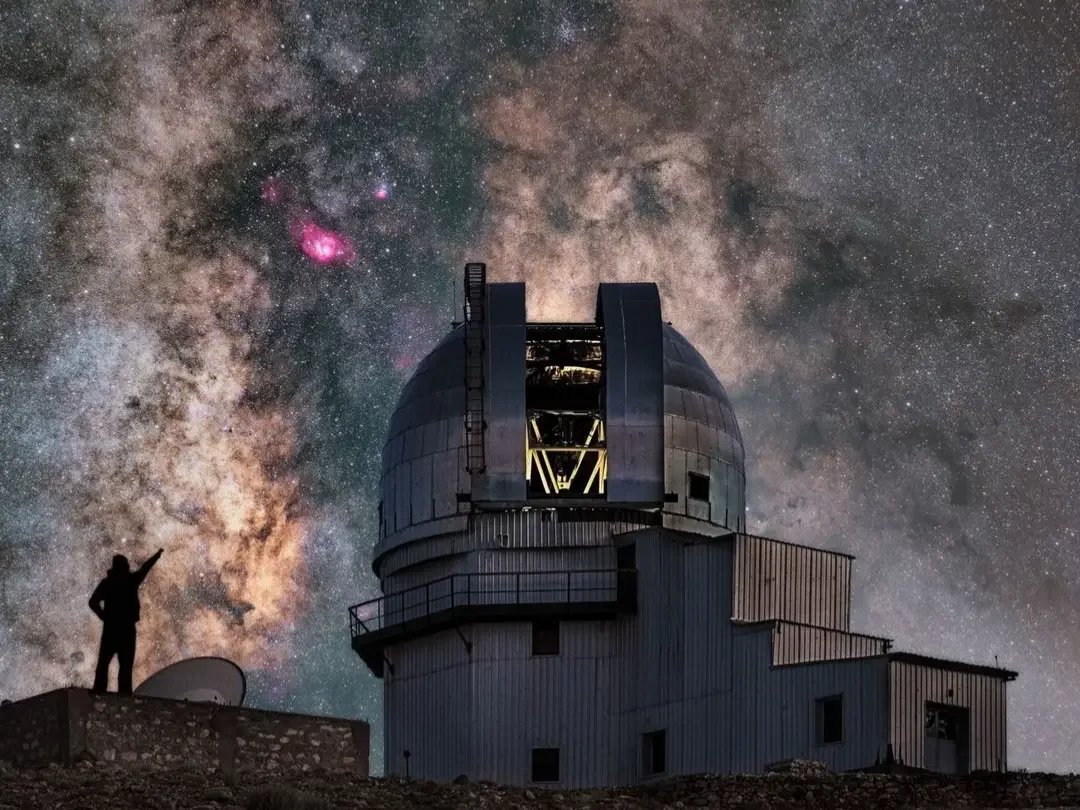 Hanle Indian Astronomical Observatory silhouette astronomer dome Milky Way nebula glow, Chandra dual telescope high-altitude cosmic wonders, perfect dark sky stargazing adventure package.