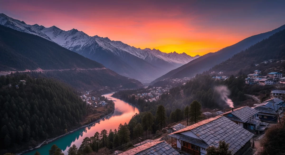 Mountain valley at Sangla during sunset, featuring snow peaks and river, perfect adventure experience Himachal tour package.