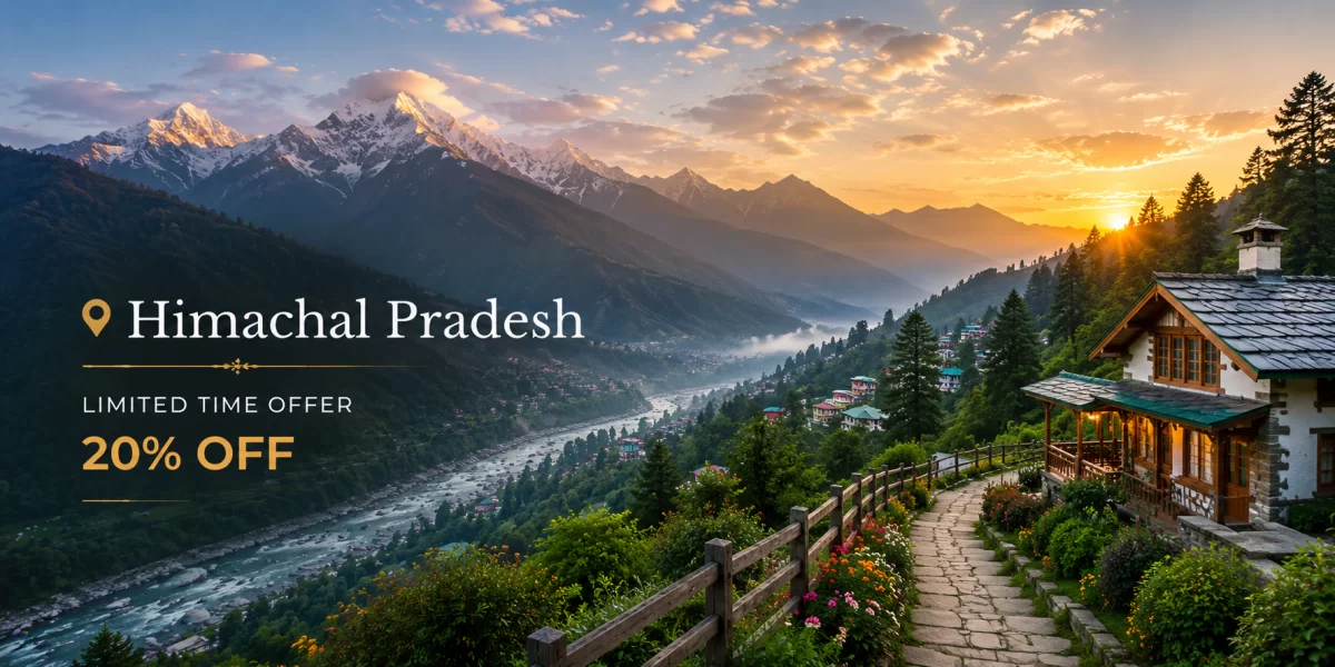 Himachal Pradesh mountain landscape featuring snow-covered Himalayan peaks, riverside valley, pine forests, scenic cottages, and sunset hill station views.