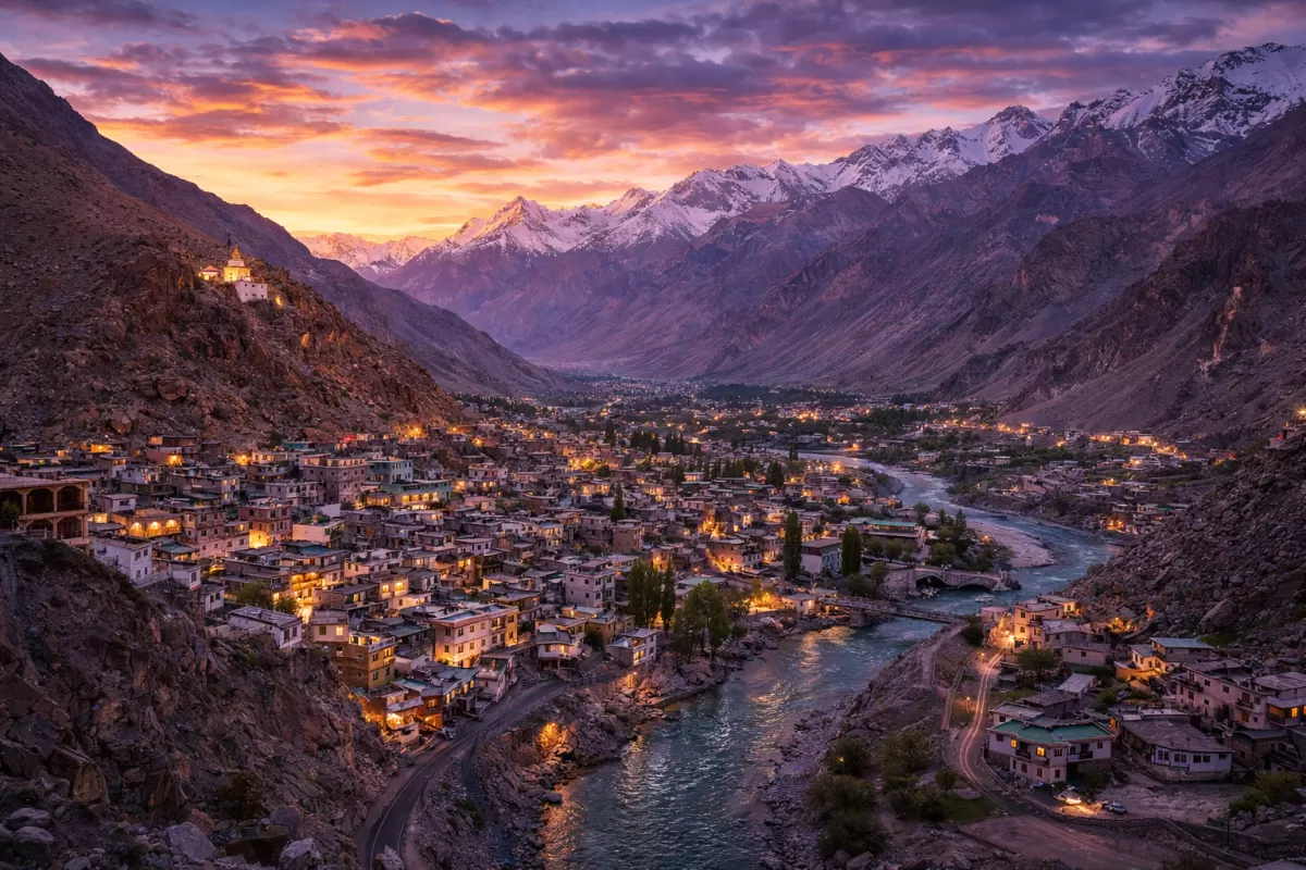 A serene view of the Kargil War Memorial under a dramatic sunset sky in a Kargil tour package, featuring the giant Indian national flag flying high against the backdrop of the Tololing Range and rugged Himalayan mountains.
