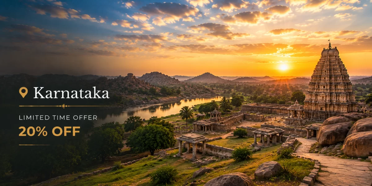 Karnataka heritage landscape featuring Hampi temple ruins, ancient stone architecture, river valley, rocky hills, and dramatic sunset scenery.