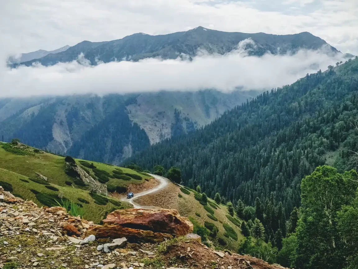 Scenic mountain road Katra Vaishno Devi route Jammu Kashmir cloudy weather, featuring winding path car pine forests green meadows cloud-covered Trikuta peaks backdrop, perfect pilgrimage adventure Jammu Kashmir tour packages.