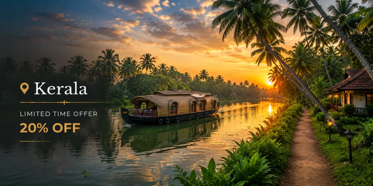 Kerala backwaters landscape featuring traditional houseboat, coconut palm trees, serene canals, tropical sunset, and peaceful Alleppey-style waterways.