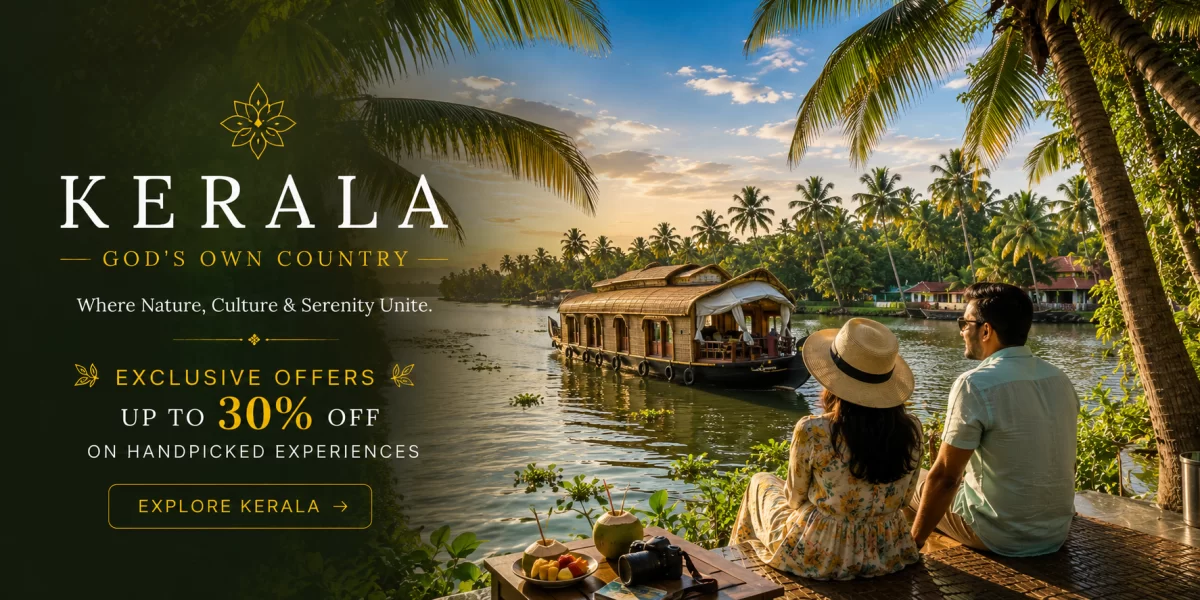 Couple enjoying peaceful Kerala backwaters beside a traditional houseboat surrounded by coconut palm trees and sunset reflections during a luxury Kerala holiday experience.
