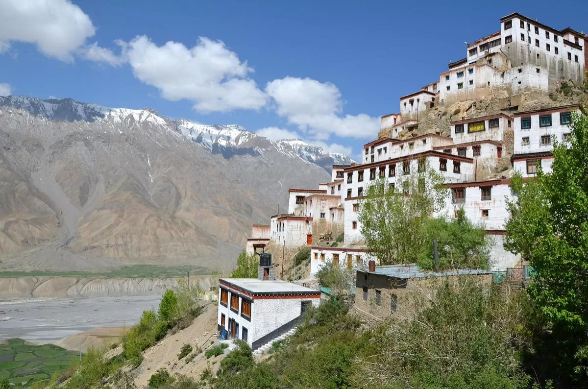 Kaza Spiti Valley Himachal Pradesh India Key Monastery hilltop view river valley mountains scenic travel destination Himachal Pradesh tour package