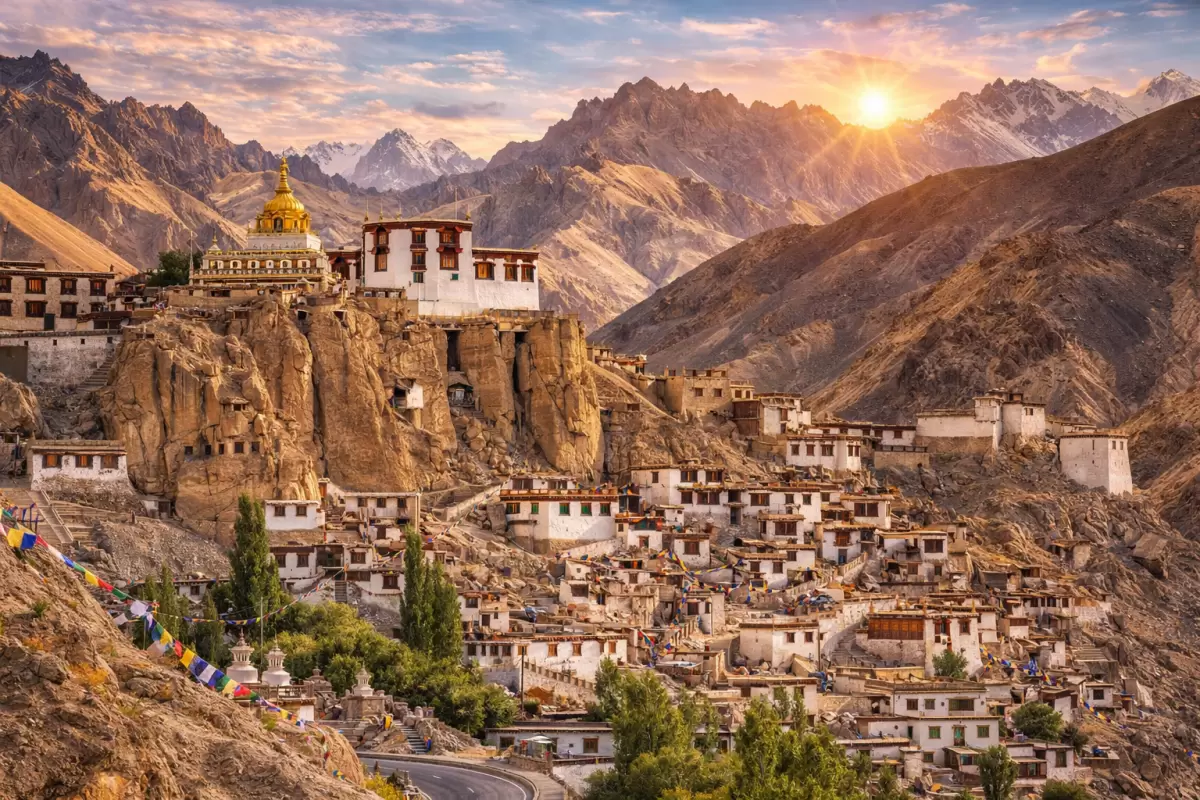 Lamayuru Monastery in Ladakh at sunset, with golden stupa and white buildings on a rocky cliff overlooking a dramatic mountain valley and prayer flags.