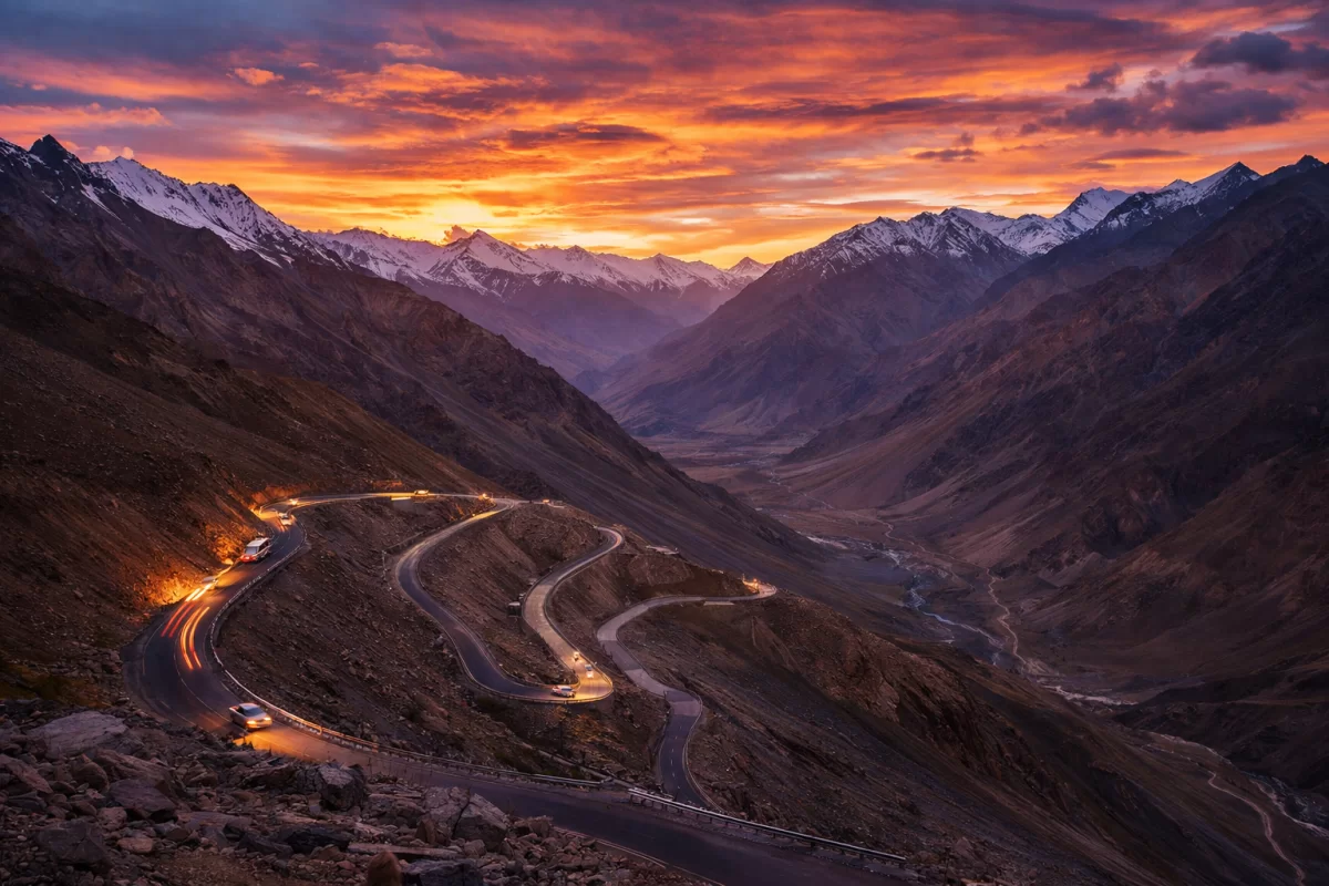 A winding mountain road with vehicle light trails at sunset on a Leh Manali package, showcasing the dramatic hairpin bends of a high-altitude Himalayan pass against a backdrop of snow-capped peaks and a fiery orange sky.