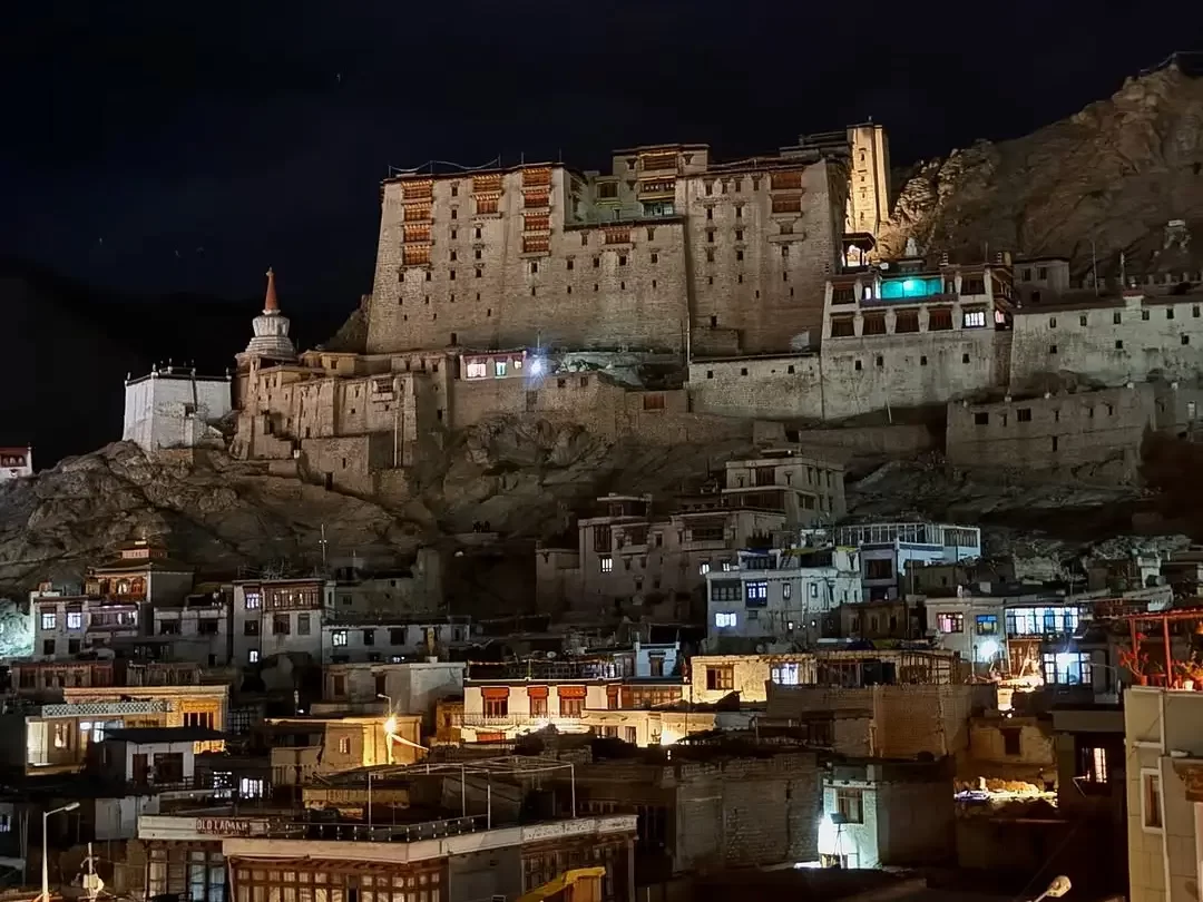 Night view of Leh Palace illuminated above the old town, with traditional Ladakhi houses and monastery structures clinging to the rocky hillside under dark sky, ideal for Leh heritage and architecture blogs