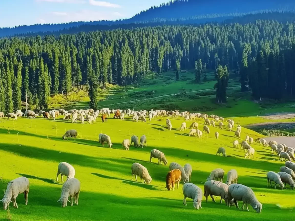 Sheep herd grazing at Lolab Bungus Valley during sunny partly cloudy day, featuring pine forests green meadows mountains, perfect adventure experience Kashmir tour packages.