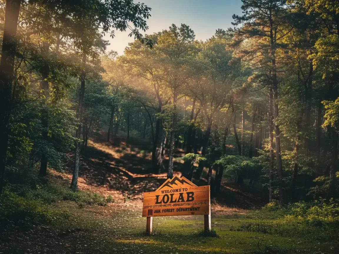 Lolab Valley welcome sign at Bungus during golden hour sunset, featuring pine forests lush greenery hills, perfect adventure experience Kashmir tour packages.