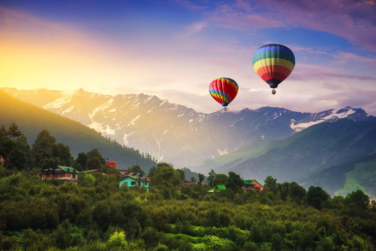Manali Himachal Pradesh India hot air balloon ride over mountains sunrise valley scenic adventure tourism Himachal Pradesh tour package