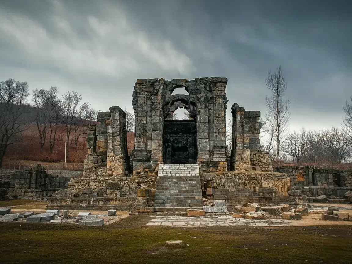 Martand Sun Temple ancient stone ruins arched entrance pillars cloudy sky barren trees Kashmir Jammu, historical heritage tour packages.