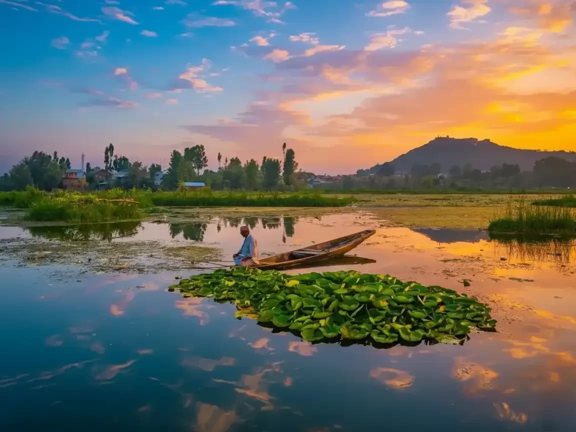 Shikara ride amid lotus pads on Nigeen Lake Srinagar at sunset Zabarwan hills backdrop featured in Kashmir tour packages with houseboat stays and boating