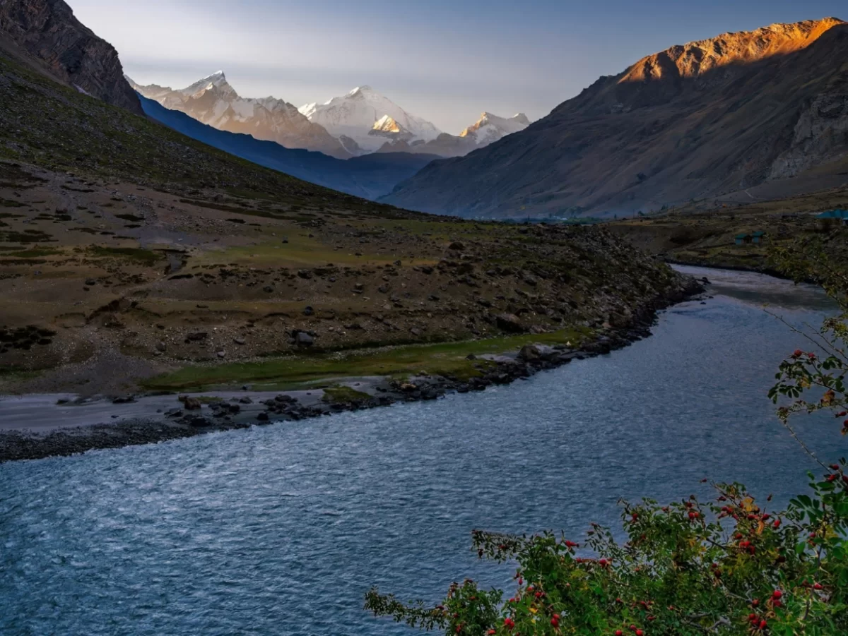 Zanskar Valley Ladakh golden hour sunset turquoise river valley terraced fields bushes snowcapped peaks dramatic shadows blue sky rugged mountains, high altitude river landscape tour package. 