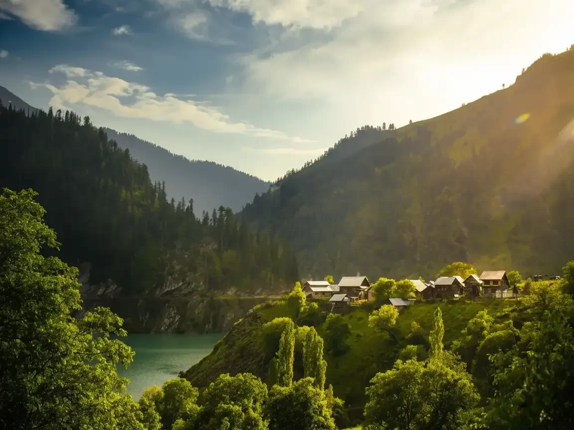 Pahalgam Jammu Kashmir golden hour sunlight wooden cottages lake pine forests green hills clouds Jammu Kashmir tour packages.