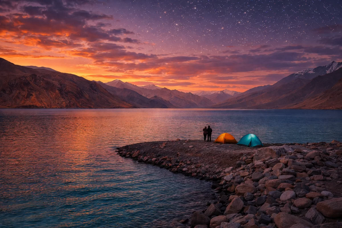 Pangong Lake Ladakh sunset camping: colorful tents on rocky shore, couple silhouette against vibrant orange sky and starry twilight over turquoise high-altitude lake with Himalayan mountains