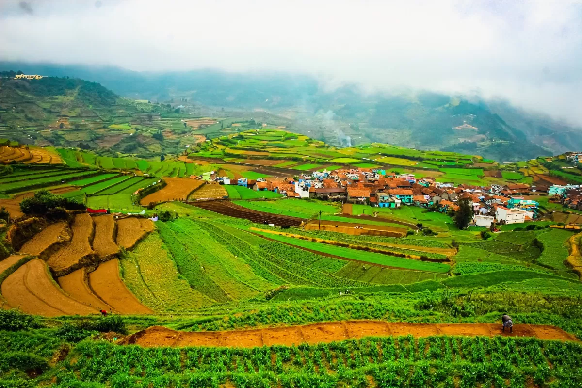 Poombarai village near Kodaikanal, wrapped in lush green terraced fields under low drifting clouds, ideal for misty-morning landscape shots and serene countryside stays in Tamil Nadu tour packages