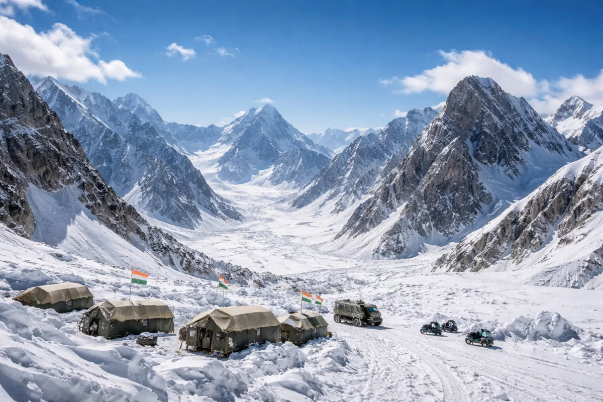 Indian Army military base camp in snow-covered Himalayan mountains with tents, vehicles, and Indian flags under clear blue sky