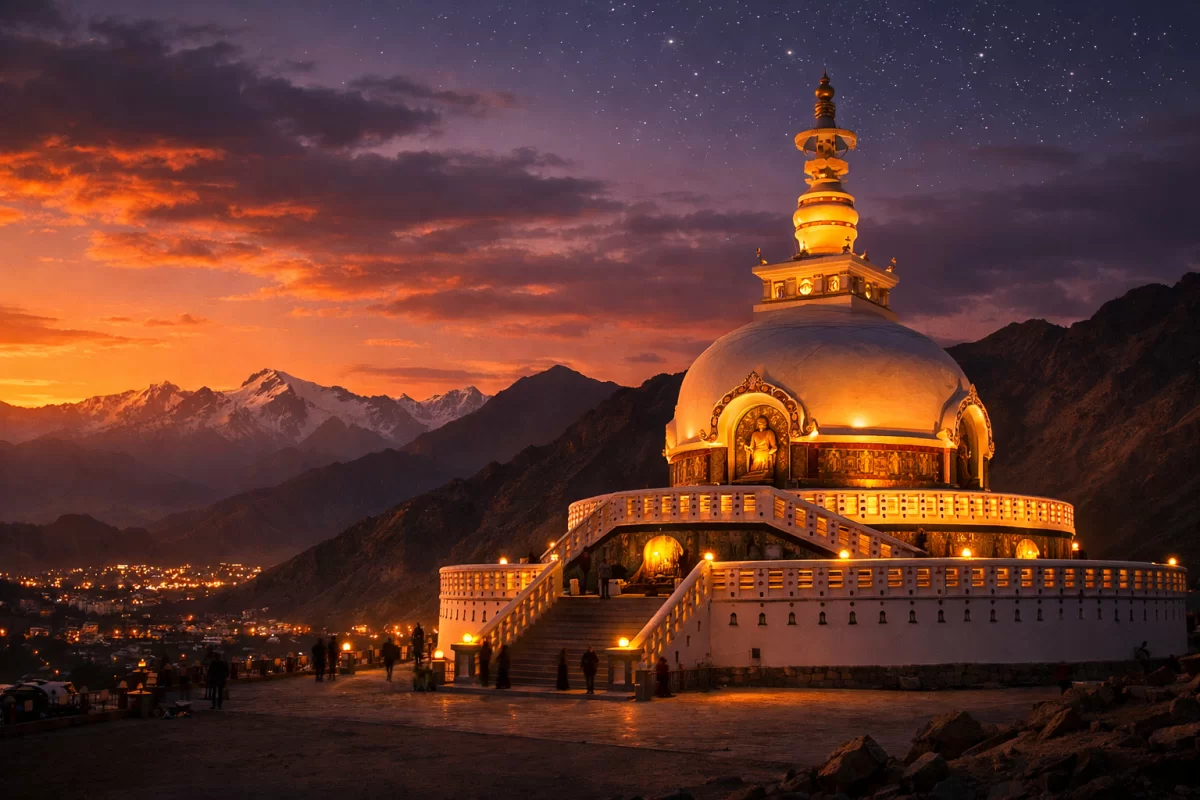 Shanti Stupa Leh at stunning sunset with orange sky, snow-capped Himalayan mountains, and illuminated white dome in Ladakh, India