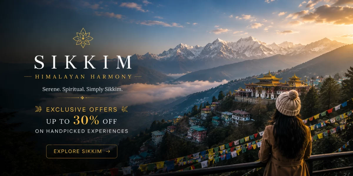 Sikkim Himalayan Harmony landscape with snow-covered mountains, Buddhist monastery, colorful prayer flags, and misty valleys during sunrise with exclusive offers on handpicked Sikkim experiences.