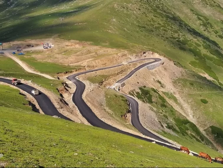 Sinthan Top winding roads on green meadows with vehicles & grazing horses amid mountains, perfect Kashmir adventure tour packages. 