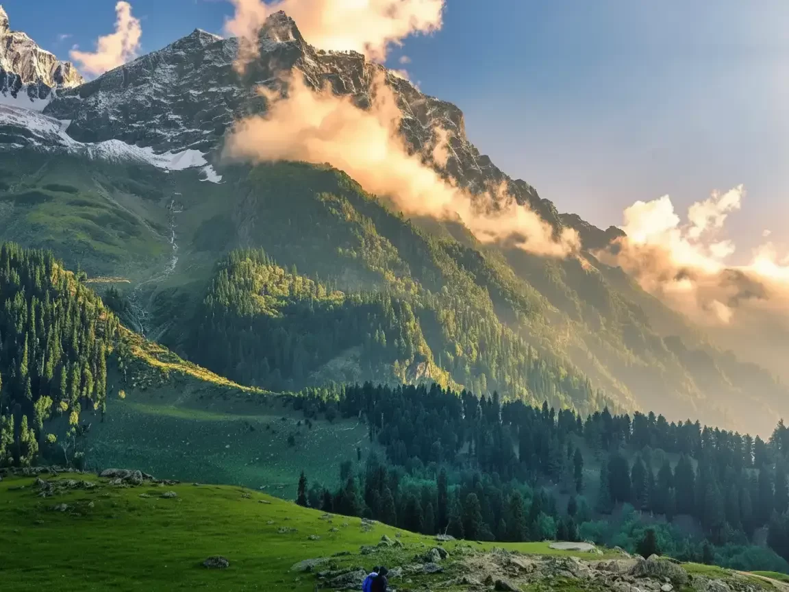 Hiker amid pines at Sonamarg during sunset clouds, featuring glacier mountains & meadows, perfect adventure experience Kashmir tour packages. 