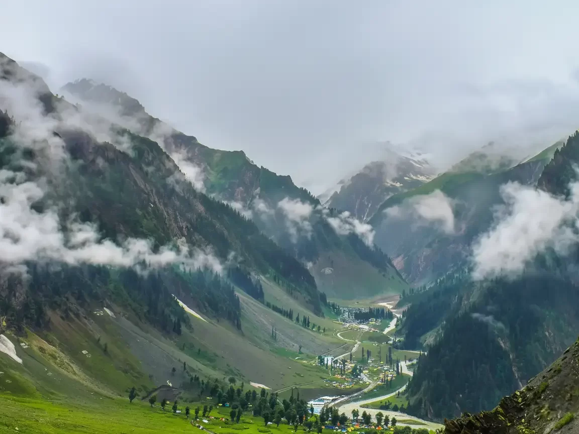 Misty valley panorama at Sonamarg during cloudy day, featuring snow peaks & green meadows, perfect adventure experience Kashmir tour packages.