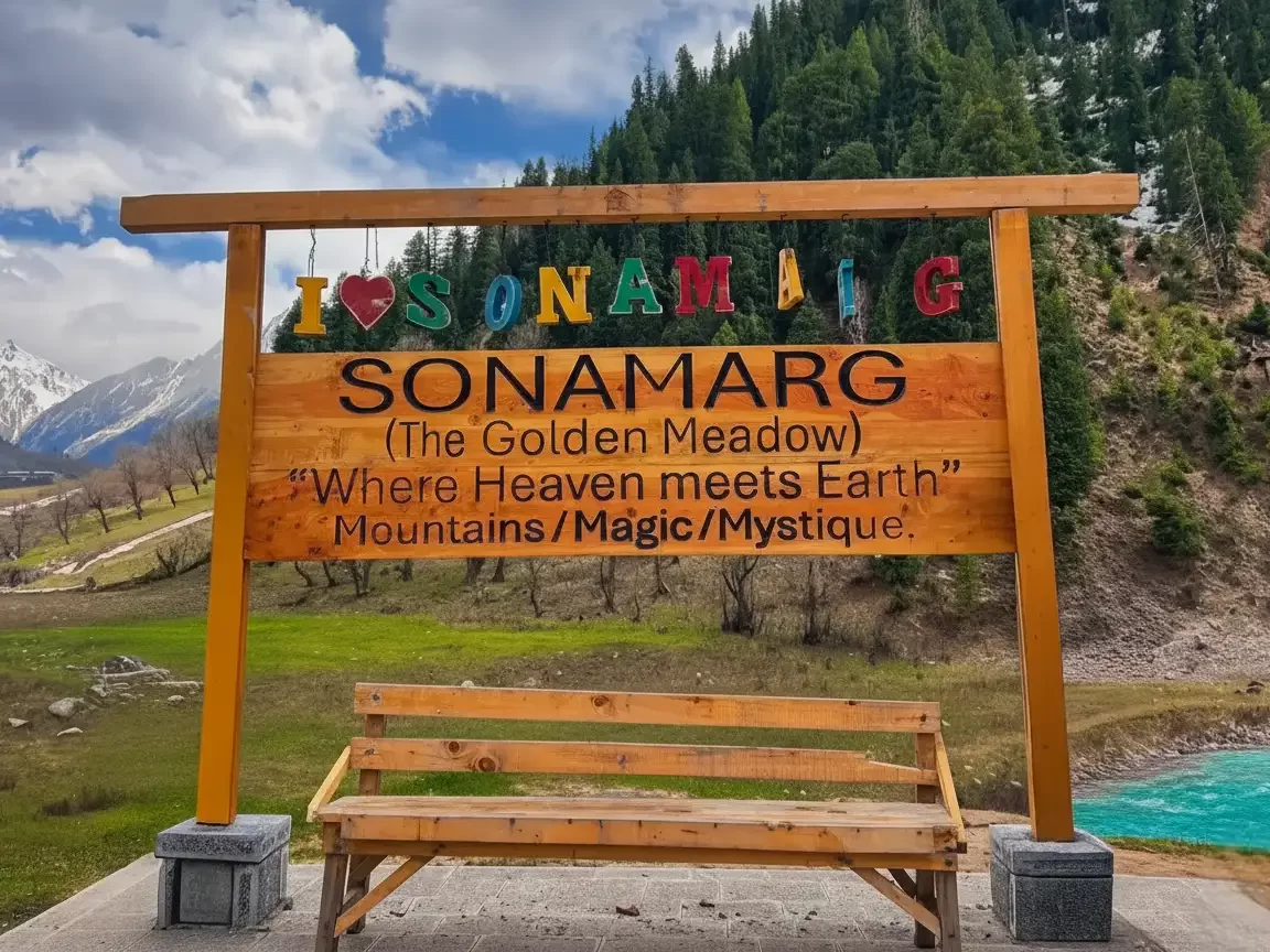 Welcome sign at Sonamarg during sunny day, featuring snowy mountains & green meadows bench, perfect adventure experience Kashmir tour packages. 