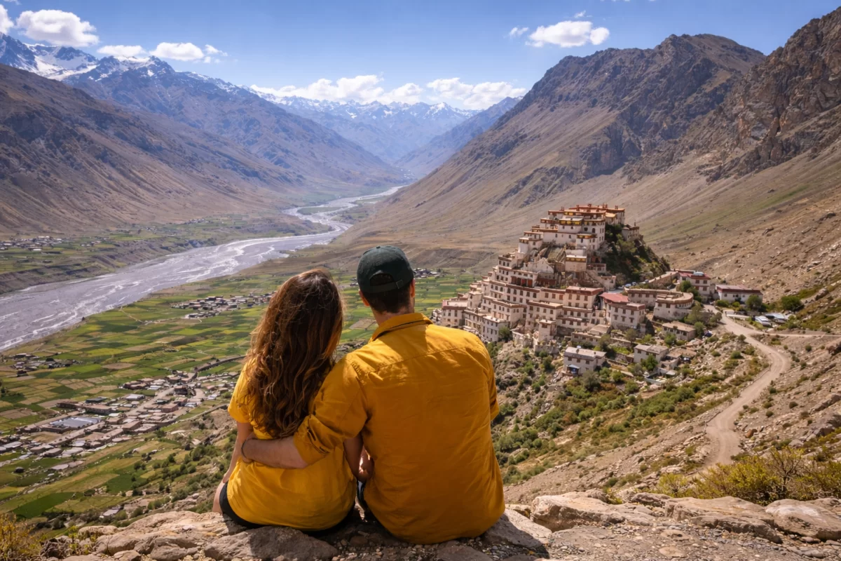 Kaza Spiti Valley Himachal Pradesh India couple overlooking Key Monastery valley river mountain landscape scenic travel destination Himachal Pradesh tour package