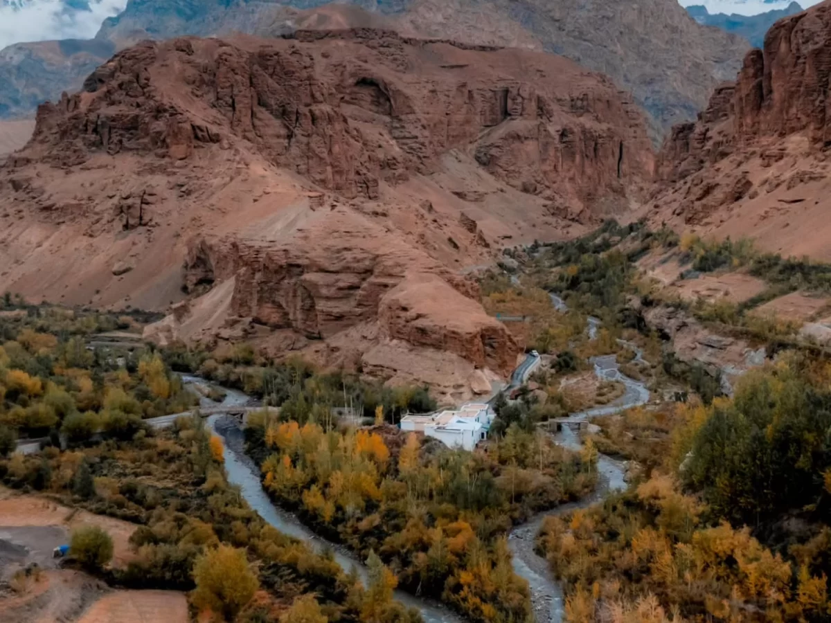 Autumn canyon landscape along Srinagar Leh Highway near Kargil Ladakh during overcast day, featuring meandering river golden poplar trees remote houses towering red rock mountains, perfect scenic drive experience with Srinagar Leh Highway tour package.