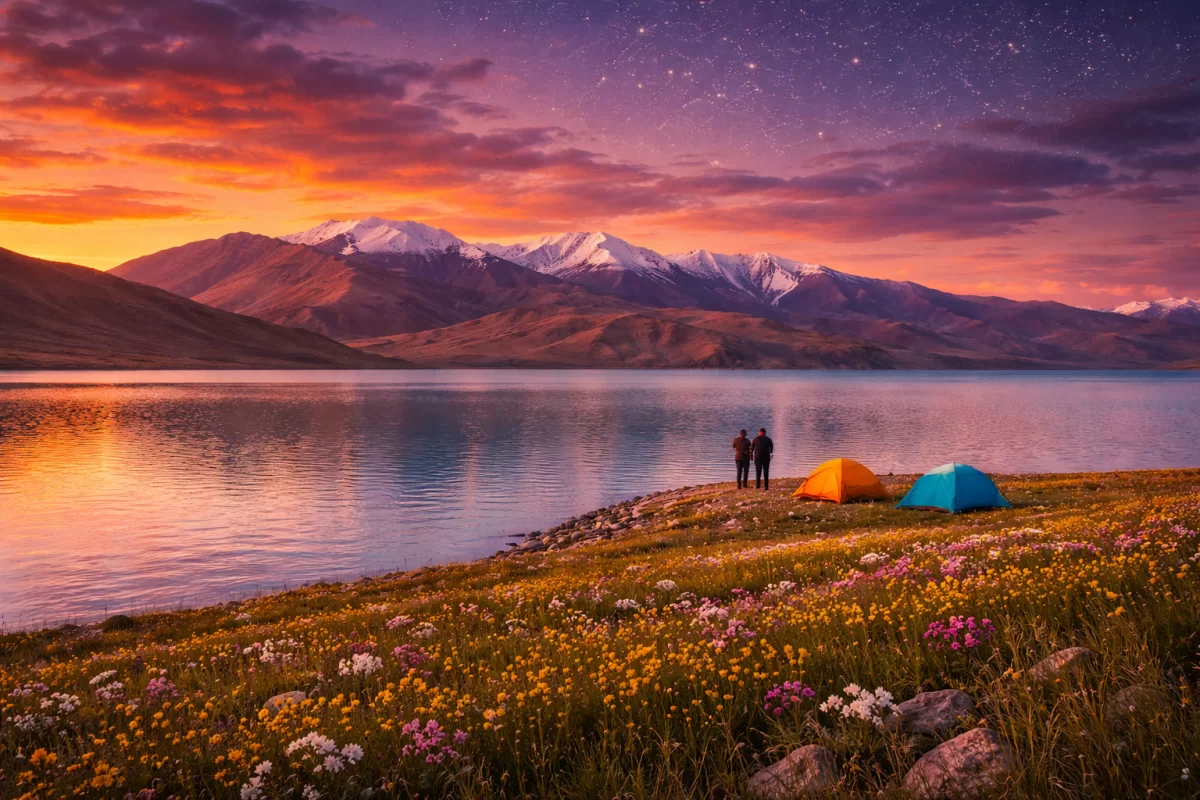 Tso Moriri Lake Ladakh sunset camping: colorful tents on wildflower shore, couple silhouette against fiery orange-purple sky and starry twilight over turquoise high-altitude lake with snow-capped Himalayas