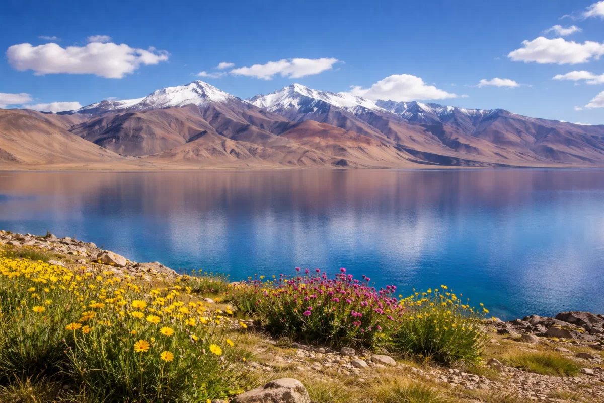A breathtaking view of Tso Moriri Lake in a Leh Ladakh tour package, featuring vibrant yellow and purple wildflowers in the foreground and snow-capped mountain peaks reflecting in the crystal-clear blue water.