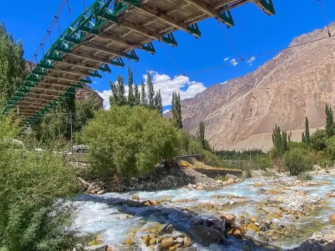 Green suspension bridge over Shyok River near Turtuk village Nubra Valley Ladakh during clear blue sky, featuring poplar trees, rugged mountains, turquoise waters, perfect adventure Turtuk tour package.