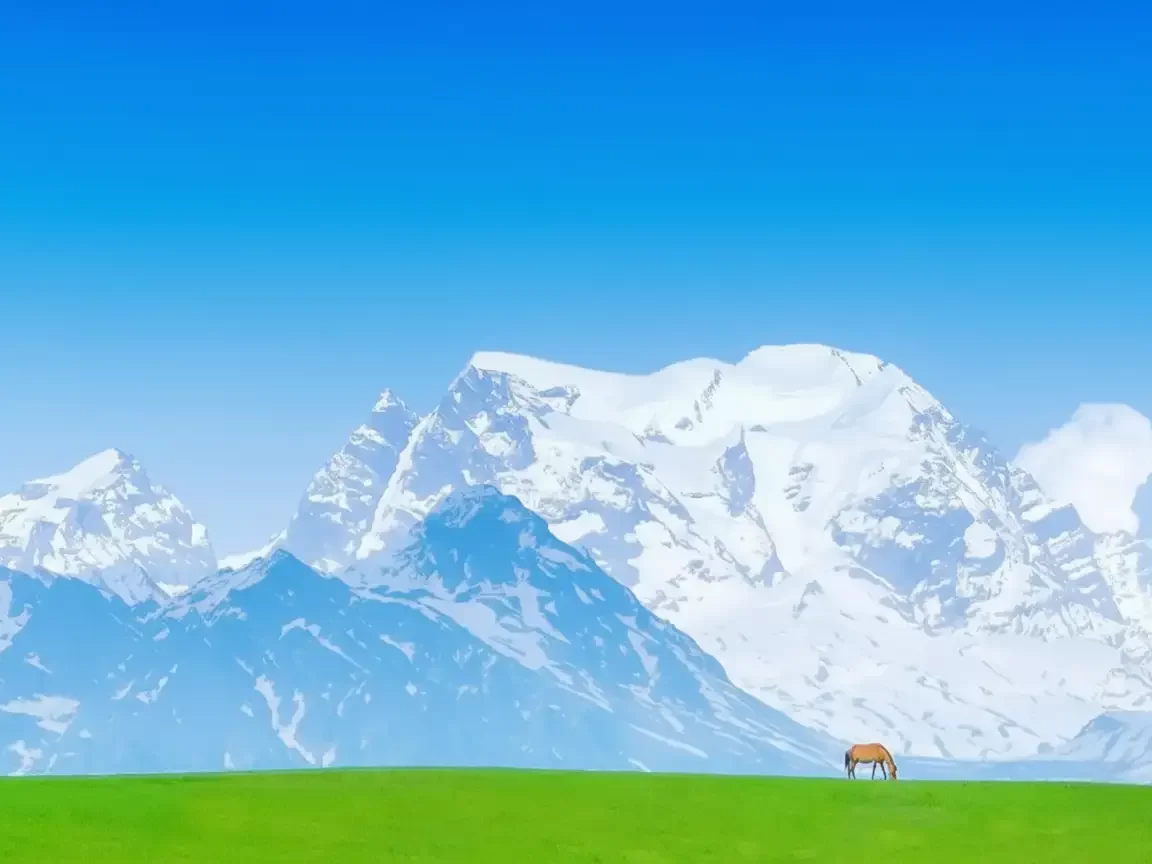 Yusmarg horse grazing during clear blue sky day Kashmir, featuring brown horse green meadow dramatic snowy mountain peaks backdrop, perfect Kashmir tour packages.