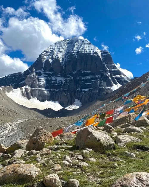 Adi Kailash Uttarakhand India sacred mountain peak prayer flags rocky valley landscape snow covered Himalayas spiritual pilgrimage destination Uttarakhand tour package