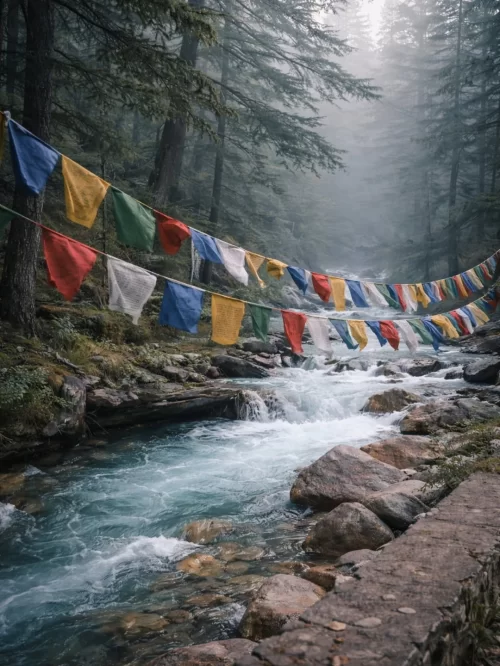 Sacred river flowing through forest along Char Dham route in Uttarakhand with colorful prayer flags showcasing spiritual journey in Uttarakhand tour packages
