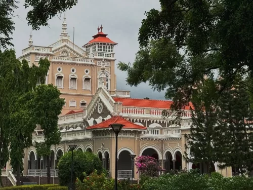 Aga Khan Palace. Historic landmark in Pune, India with colonial architecture and lush gardens.