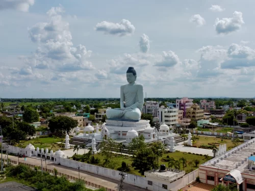Amaravati Andhra Pradesh. Giant Buddha statue at Amaravati Stupa complex, iconic Buddhist pilgrimage and heritage site. 