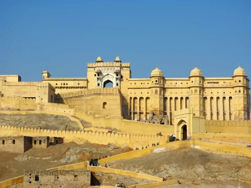 Amber Fort Jaipur, majestic Rajput hill fort in Rajasthan, UNESCO World Heritage Site and iconic tourist attraction.