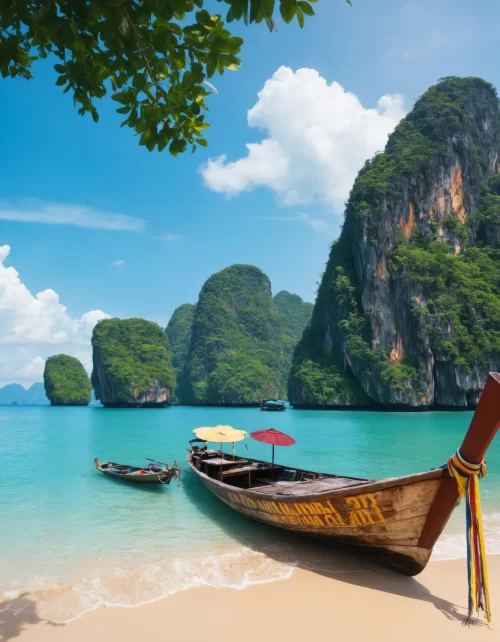 Longtail boats on turquoise beach in Andaman Islands with limestone cliffs and clear blue sky showcasing tropical paradise in Andaman tour packages