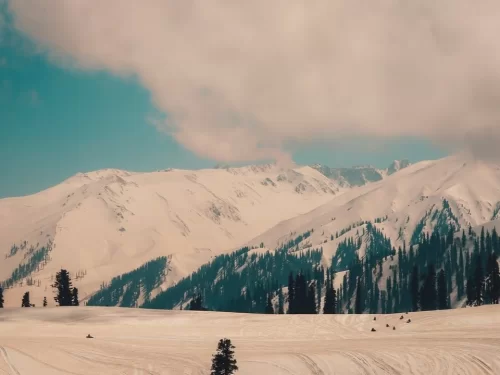 Apharwat Peak Gulmarg snow-covered Himalayan mountain with pine forests and skiing slopes in Jammu and Kashmir