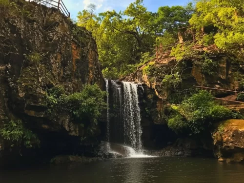 Apsara Vihar waterfall in Pachmarhi with serene pool, lush greenery and rocky cliffs, Madhya Pradesh tourism attraction