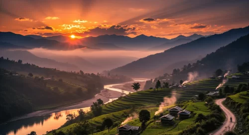 Tawang Monastery at Arunachal Pradesh during sunset, featuring the gilded Buddha statue and snow-capped peaks, adventure Arunachal Pradesh tour package.