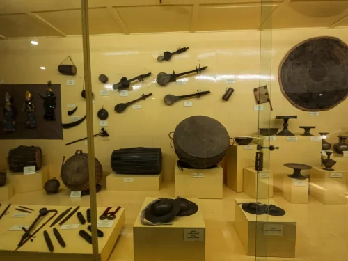 Traditional musical instruments at Assam State Museum Guwahati during daytime, featuring drums gongs flutes shields displays, perfect cultural experience Assam tour package. 