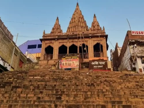 Assi Ghat Varanasi, sacred Ganges riverfront ghat and popular spiritual tourist attraction in Uttar Pradesh India.