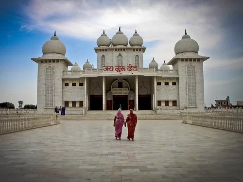 Baba Jai Gurudev Mandir Mathura white marble temple with domes and grand entrance courtyard, Uttar Pradesh