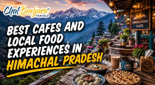 Best Cafes and Local Food Experiences in Himachal Pradesh travel graphic showing a spread of local food including momos, paratha, and tea on a rustic wooden balcony overlooking a mountain valley and a hillside village under a twilight sky
