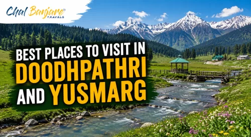 Best Places to Visit in Doodhpathri and Yusmarg travel graphic showing a shallow rocky stream flowing through green meadows past a wooden gazebo under snow capped mountain peaks for Doodhpathri and Yusmarg travel blogs