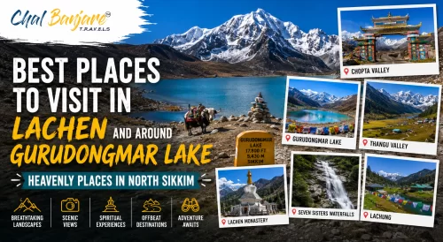Best places to visit in Lachen and around Gurudongmar Lake travel guide featuring a yak by a turquoise lake and snowy peaks, with six small photo insets for a sikkim blog