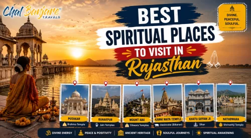 Best spiritual places to visit in Rajasthan travel graphic showcasing a sunrise over a lakeside temple, featuring polaroid-style insets of temples in Pushkar, Ranakpur, Mount Abu, Deshnoke, Sikar, and Nathdwara for a Rajasthan tourism blog